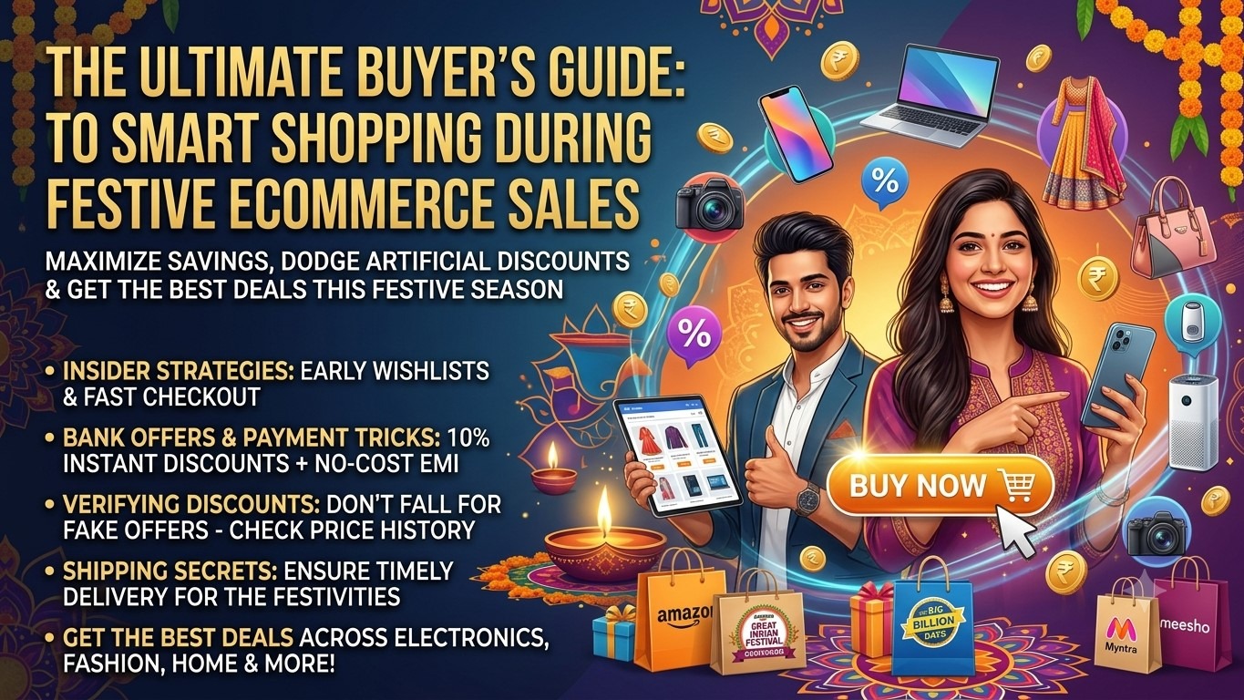 Festive ecommerce shopping guide cover image featuring Indian shoppers, electronics, fashion items, sales banners for Amazon, Myntra, and Meesho, and key buyer tips against a decorative background with diyas and rangoli.