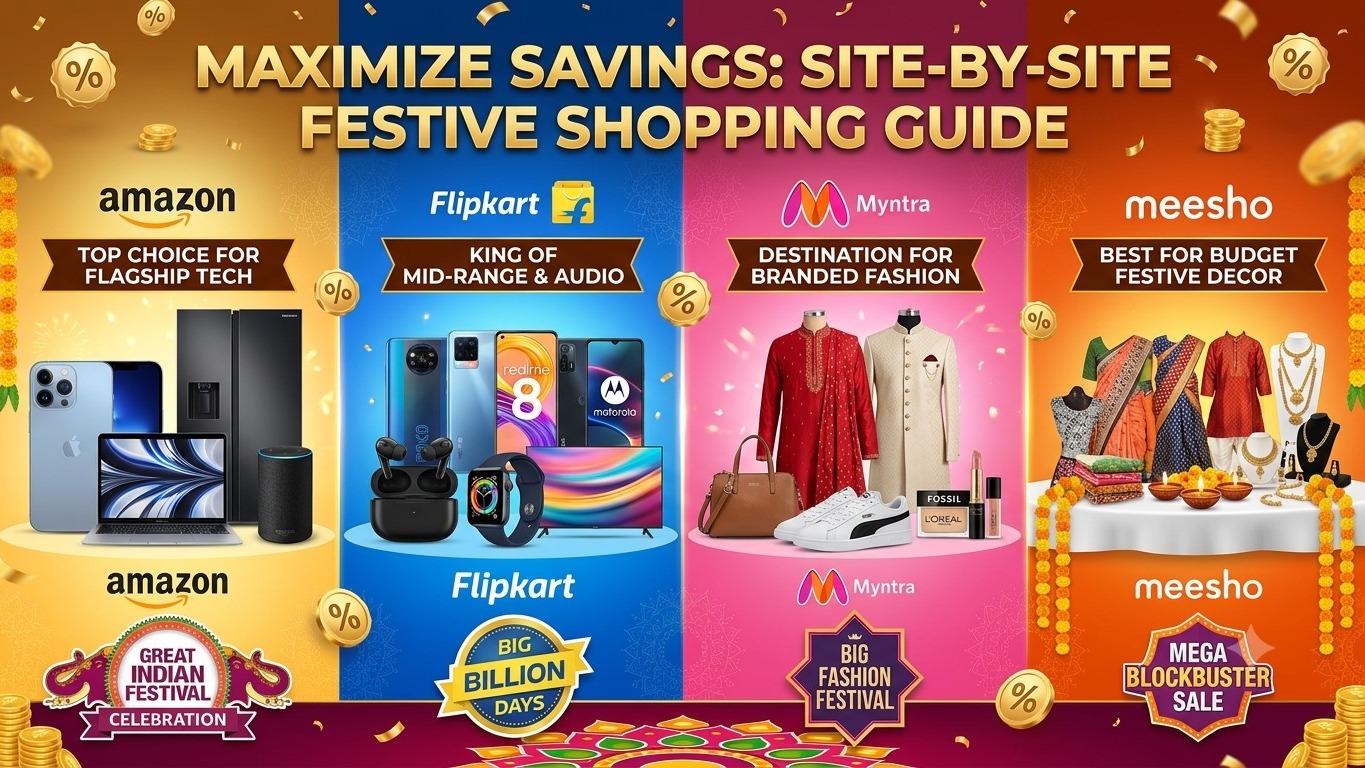 Site-by-site festive shopping guide cover graphic dividing Amazon, Flipkart, Myntra, and Meesho into four colorful columns, showing featured products, platform logos, and sale badges.