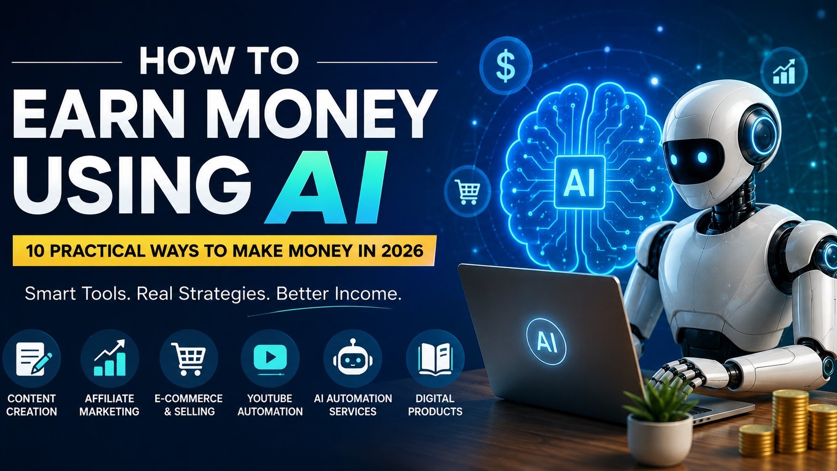 How to Earn Money Using AI: A futuristic AI robot working on a laptop with digital money icons, representing 10 practical ways to make money using artificial intelligence in 2026.