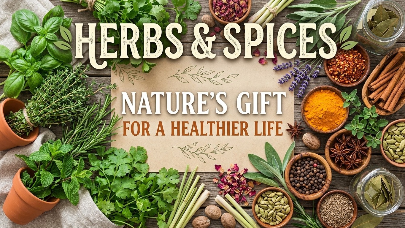 Fresh culinary herbs and colorful spices flat lay frame with text reading Herbs and Spices Nature's Gift for a Healthier Life on rustic wooden background.