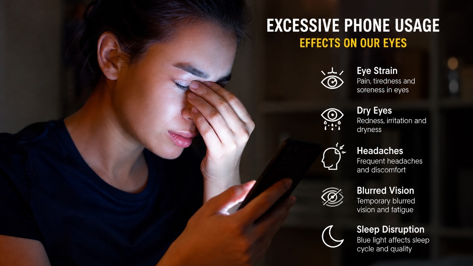 Young woman, men & children experiencing eye strain while using a smartphone, illustrating the effects of excessive phone usage such as dry eyes, headaches, blurred vision, and sleep disruption.