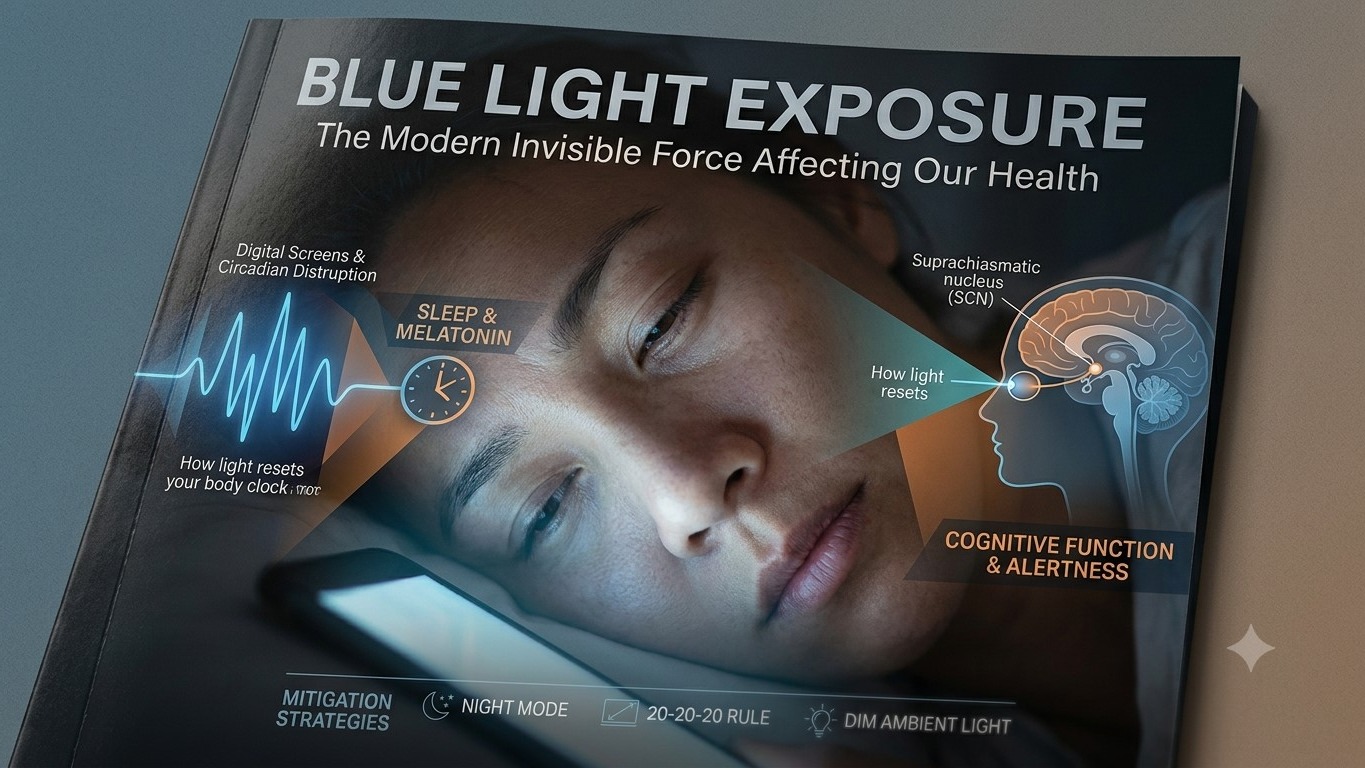 A magazine cover titled "Blue Light Exposure" showing a person lying in bed looking at a glowing smartphone screen, overlaid with light wave graphics, sleep clock icons, and a brain diagram pointing to the suprachiasmatic nucleus.