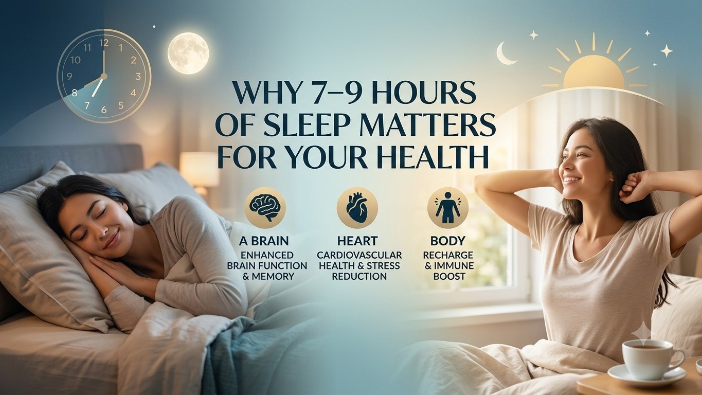 Infographic cover image for an article on why 7-9 hours of sleep matters for health, featuring a sleeping woman, morning wake-up scene, clock showing 7-8 hours, and health benefit icons for brain function, cardiovascular health, and immunity.