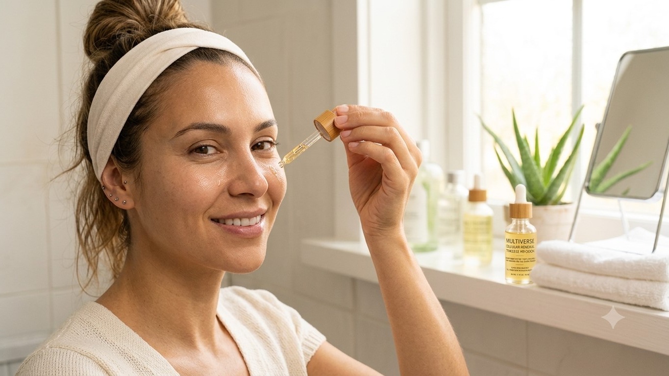Woman applying facial serum with a glass dropper in a brightly lit bathroom routine setting