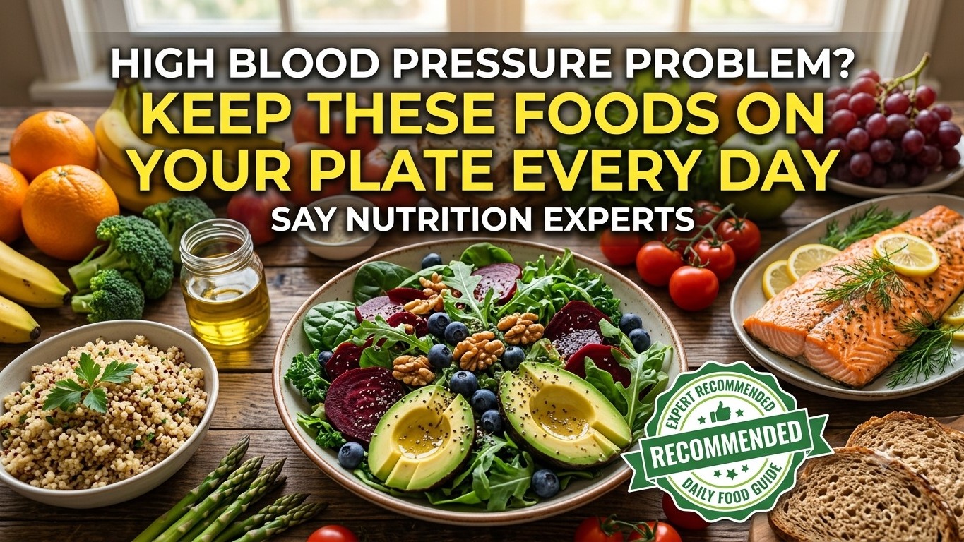 Article cover photo showing heart-healthy foods like berries, avocado salad, salmon, and grains with text overlay reading "High Blood Pressure Problem? Keep These Foods On Your Plate Every Day."