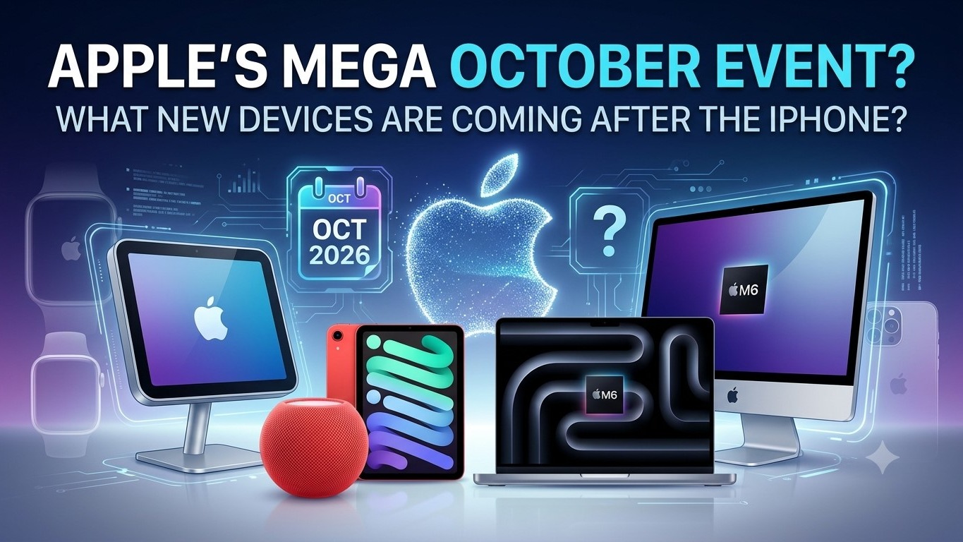 upcoming Apple devices—iPad Mini, iMac, MacBook Pro, Home Hub, and HomePod Mini—for an October Apple event article.