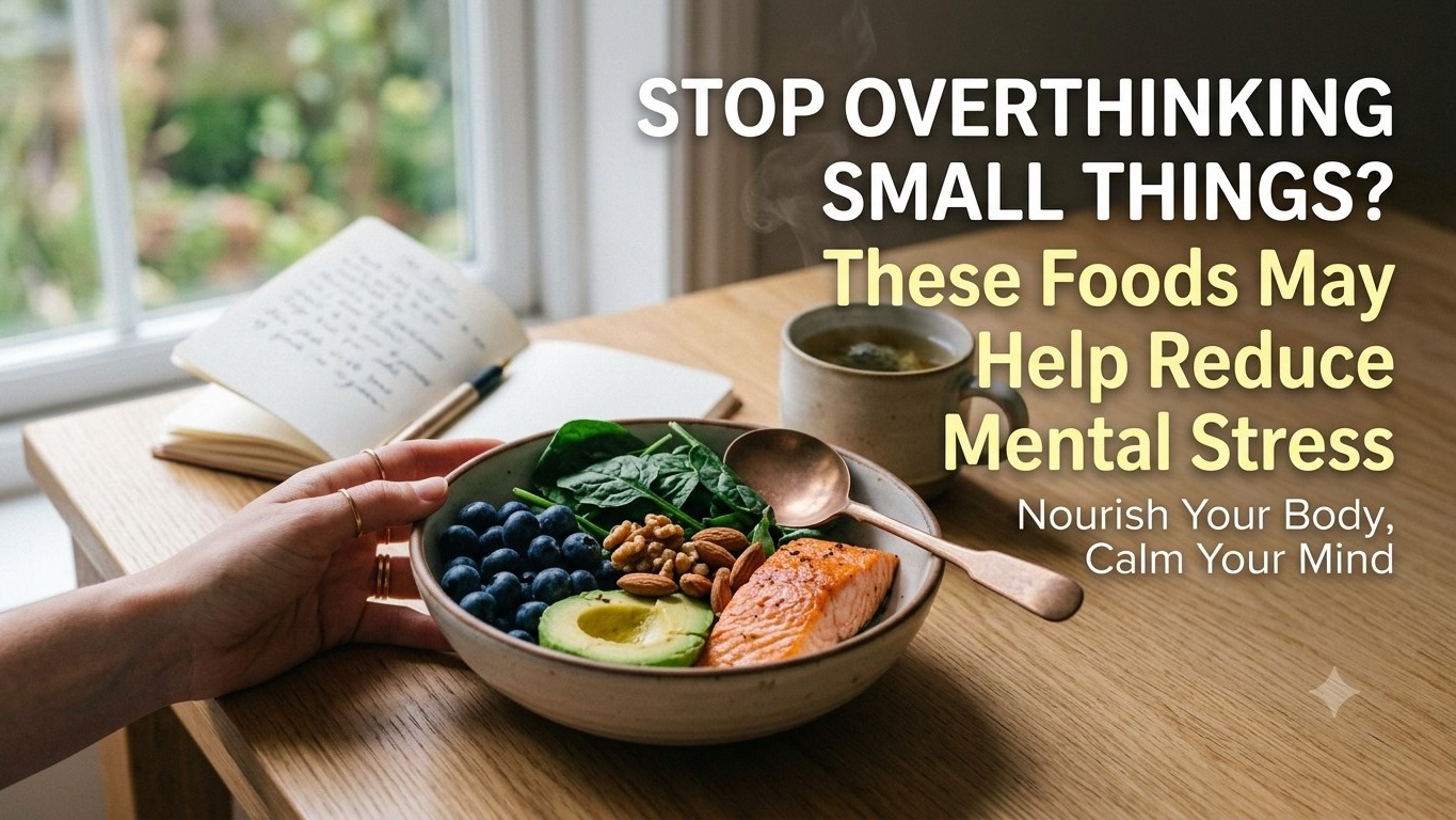 A healthy nourish bowl with salmon, blueberries, and nuts next to an open journal, featured in a cover photo about foods that reduce stress