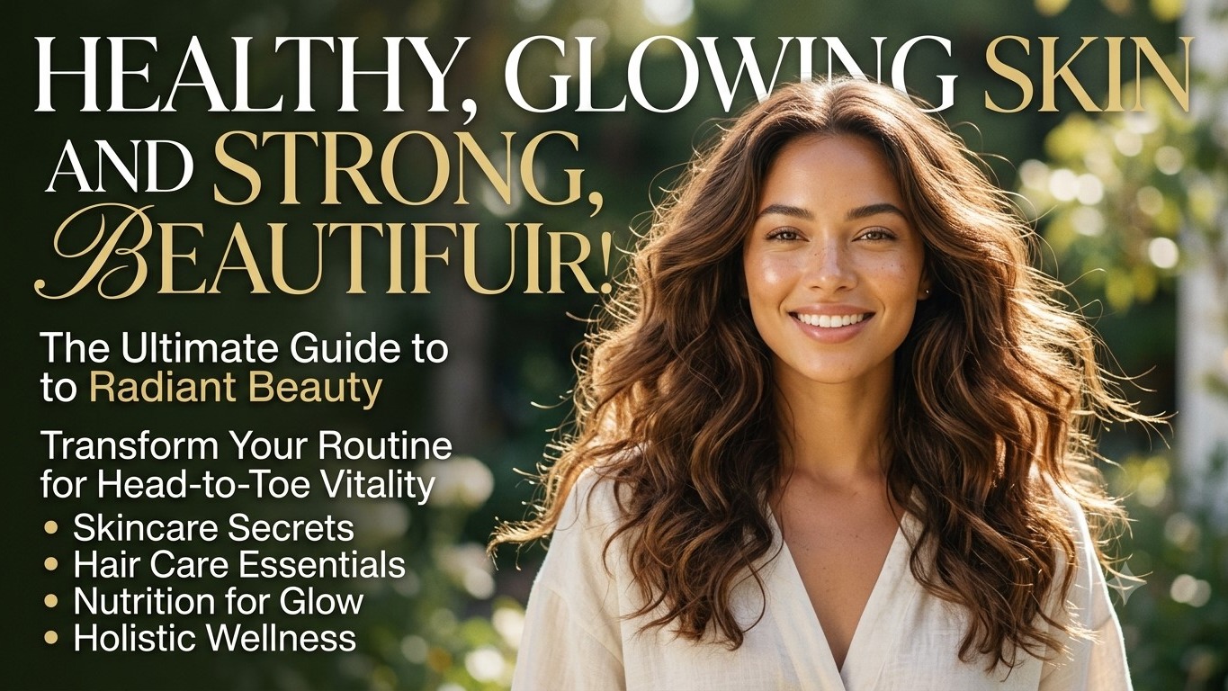 Cover image for article on healthy glowing skin and strong hair tips, featuring radiant beauty guide headline and wellness topic bullet points