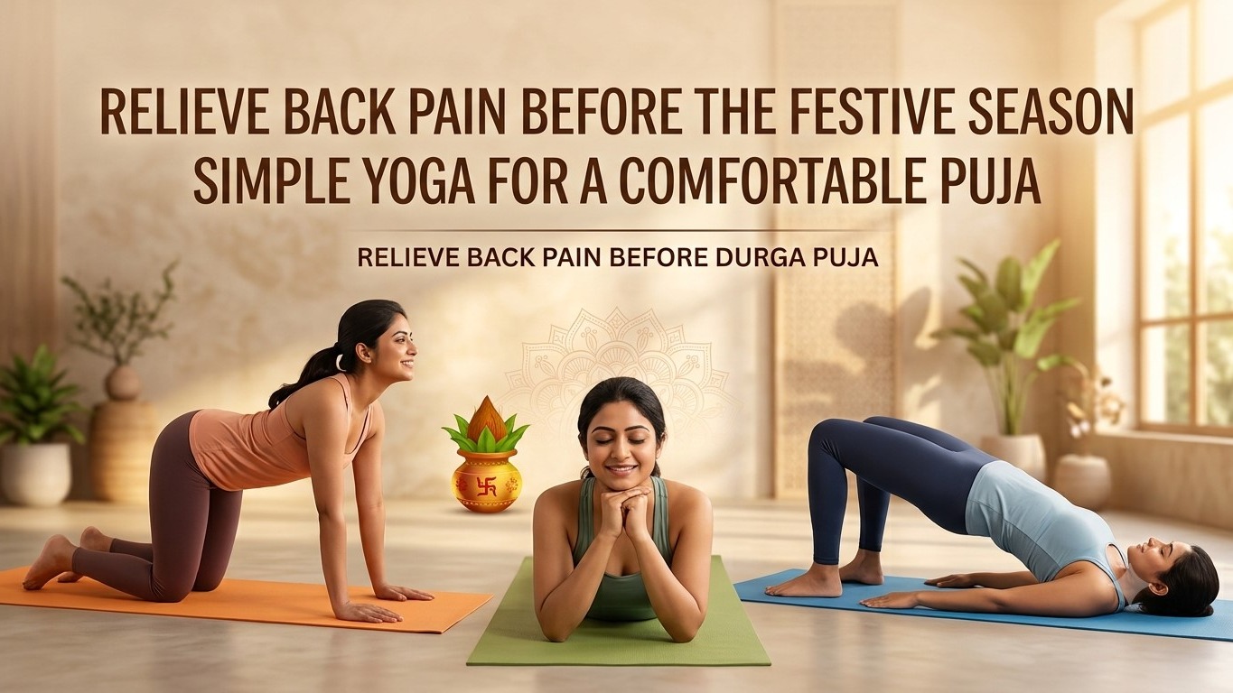 Three women in yoga poses on colorful mats in a bright studio, featuring text and a festive pot