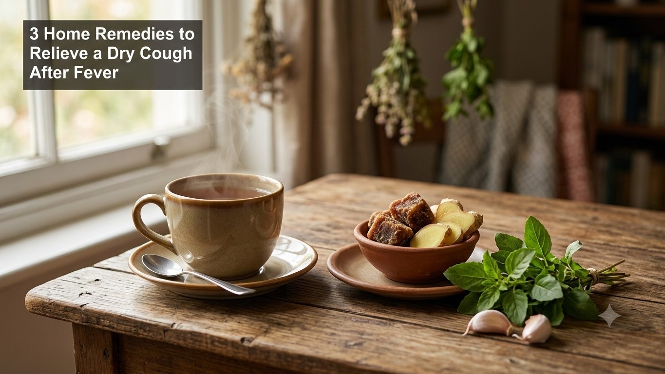 A cozy wooden table featuring a steaming cup of tea, a bowl with ginger slices and jaggery, fresh tulsi leaves, and garlic. The text "3 Home Remedies to Relieve a Dry Cough After Fever" is overlayed