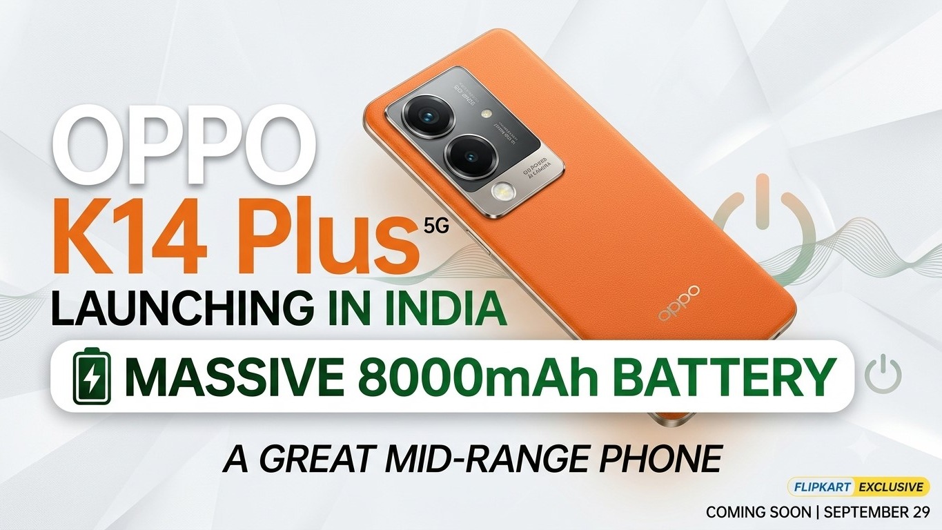 Promotional banner featuring the back of an orange OPPO K14 Plus 5G smartphone with a dual-camera module, set against a clean white geometric backdrop. The image displays bold text announcing "OPPO K14 Plus 5G Launching in India
