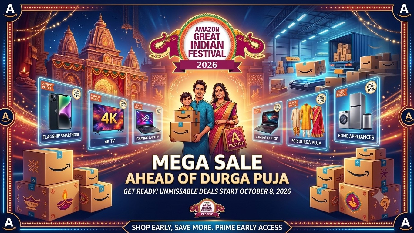 Amazon Great Indian Festival 2026 starts October 8! Save big on smartphones, TVs, fashion, and home appliances with 10% instant bank discounts ahead of Durga Puja.