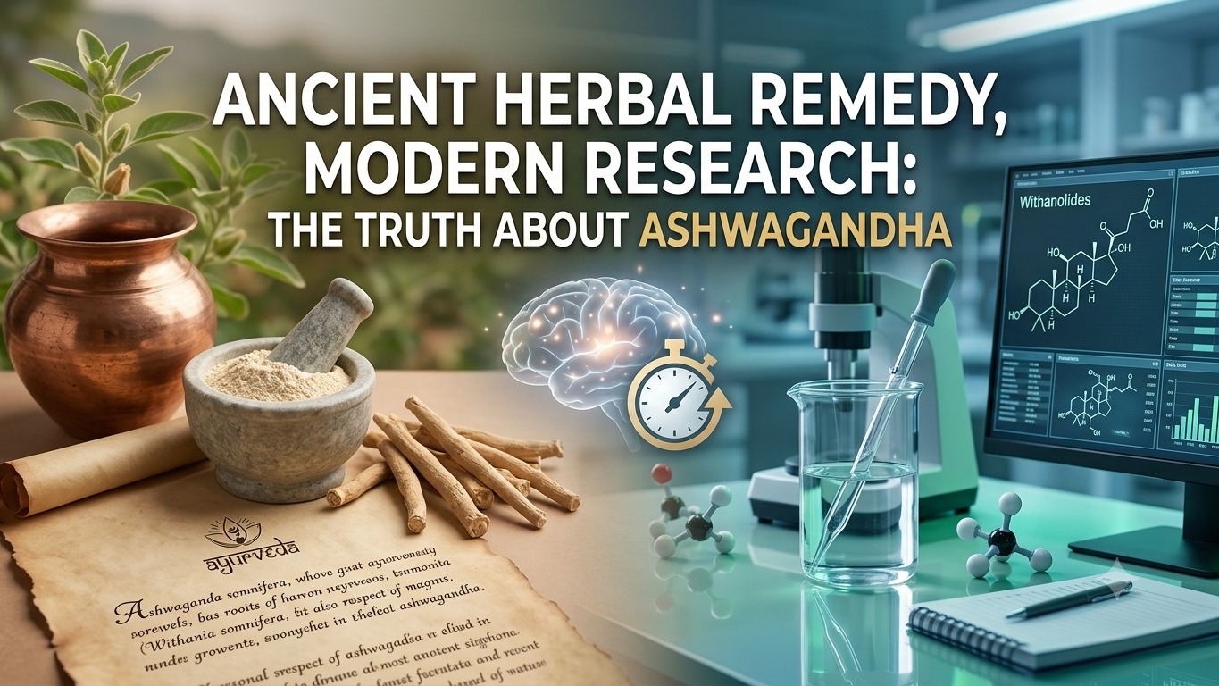 A split banner contrasting traditional Ayurvedic ashwagandha roots and mortar on the left with a modern scientific laboratory and chemical structure monitor on the right, titled "Ancient Herbal Remedy, Modern Research: The Truth About Ashwagandha."