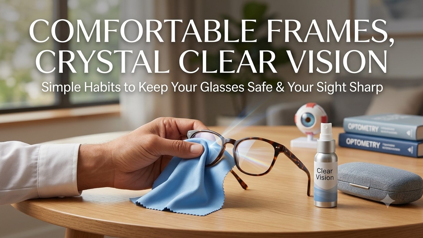 Close-up of a hand using a microfiber cloth to gently clean the lens of a stylish pair of eyeglasses resting on a desk alongside a protective hard case and lens spray bottle.