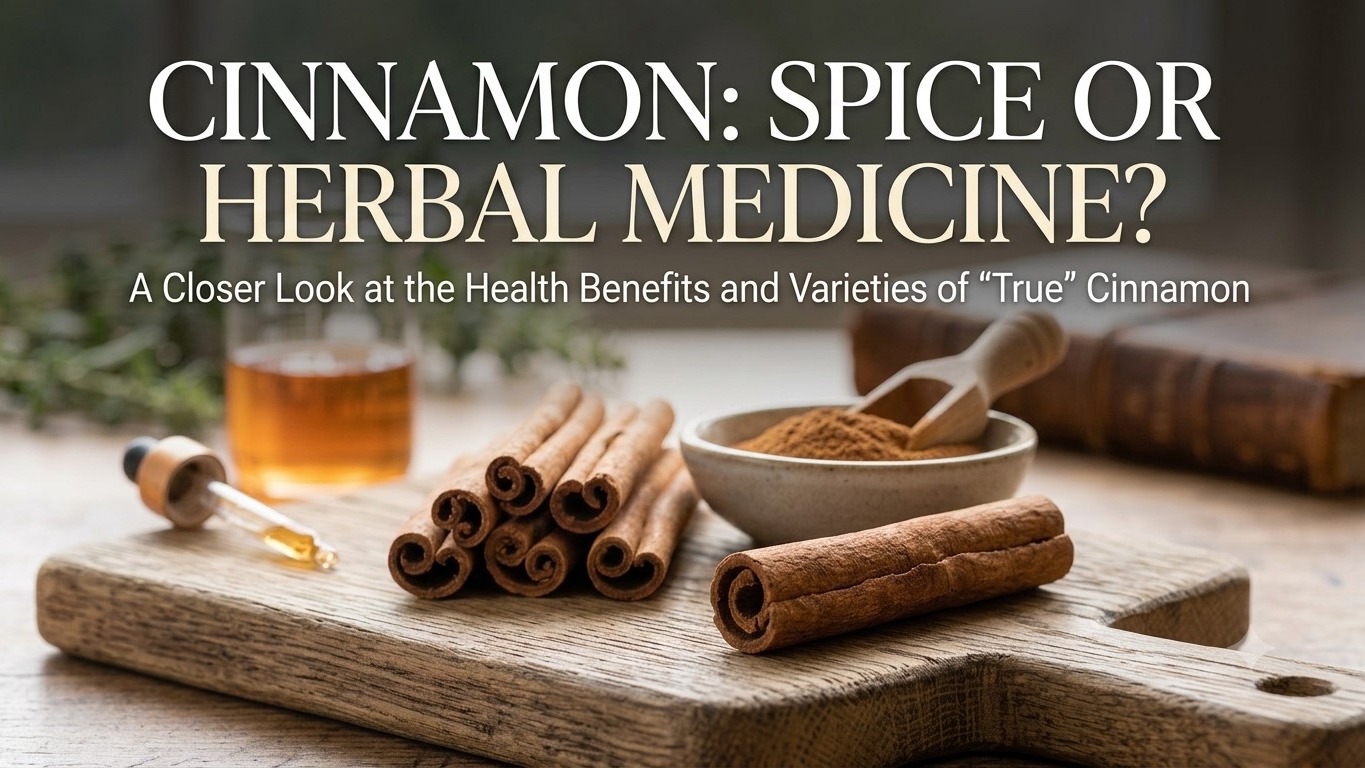 Whole Ceylon cinnamon quills and fine cinnamon powder in a bowl, arranged with an amber tincture bottle and dropper on a rustic wooden table.