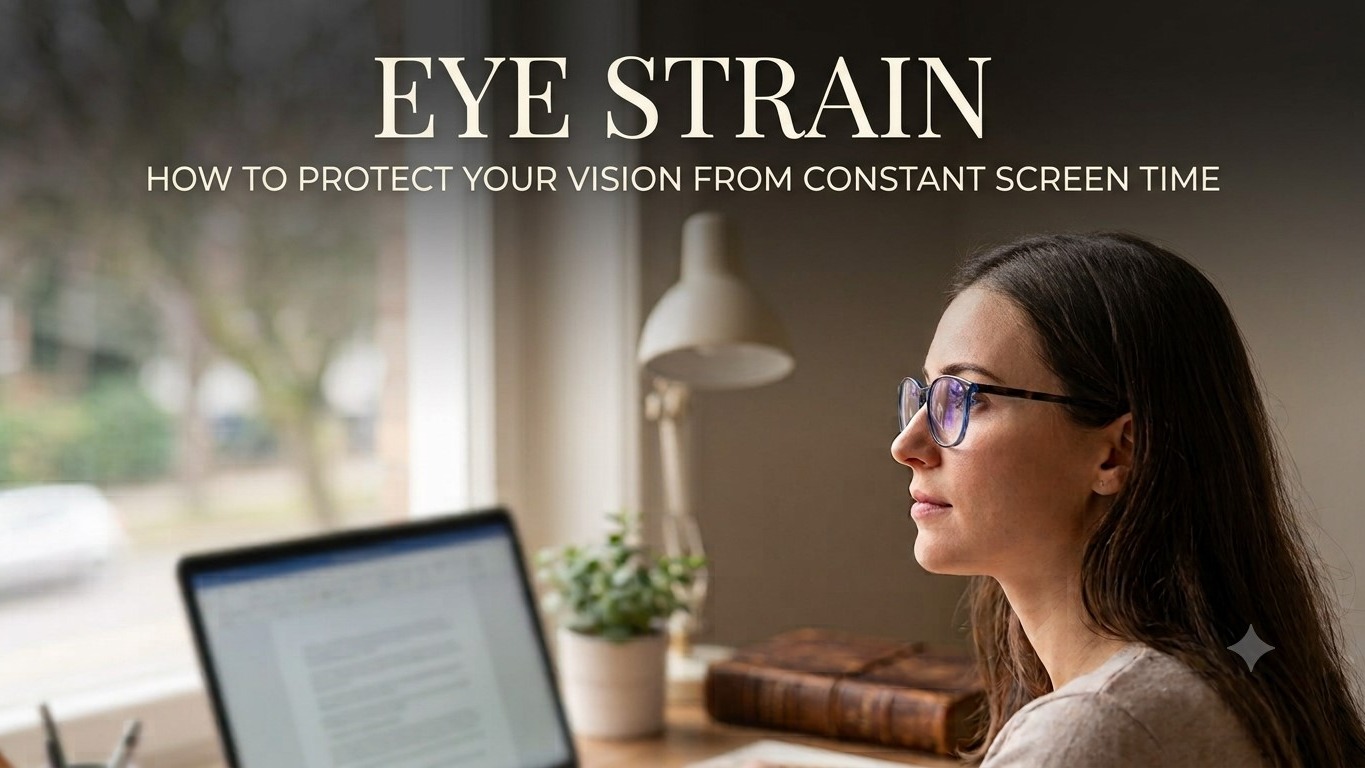 A woman with glasses looks out a window from her desk. Text above reads "EYE STRAIN" and "HOW TO PROTECT YOUR VISION FROM CONSTANT SCREEN TIME." A blurry laptop is in the foreground.