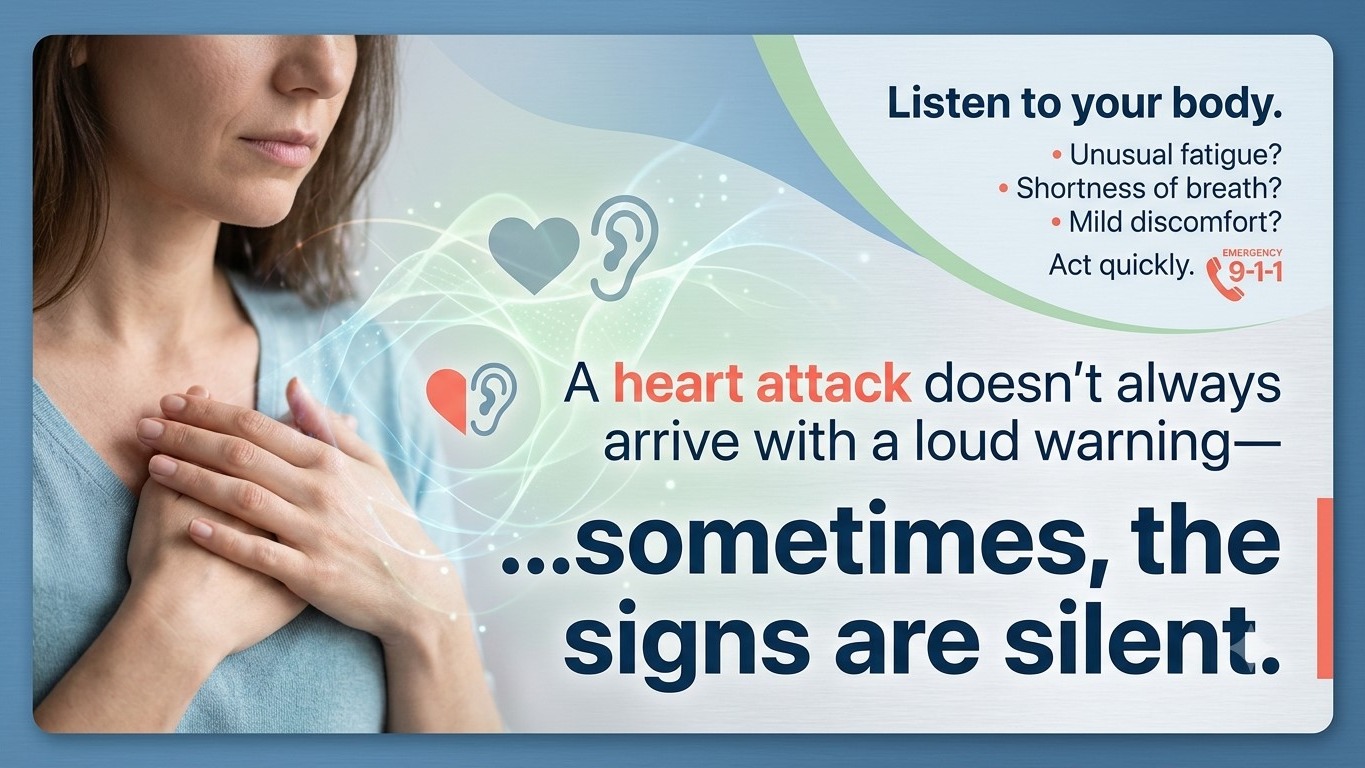 A health banner about silent heart attacks showing a woman holding her chest next to text reading: "A heart attack doesn't always arrive with a loud warning—sometimes, the signs are silent. Listen to your body."