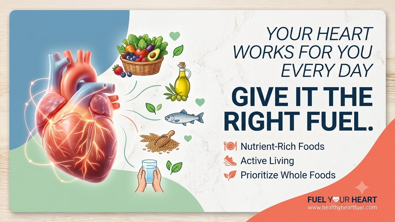 A health banner featuring an illustration of a glowing human heart alongside healthy food options—including vegetables, fish, grains, and olive oil—with headline text reading: "Your heart works for you every day—give it the right fuel."