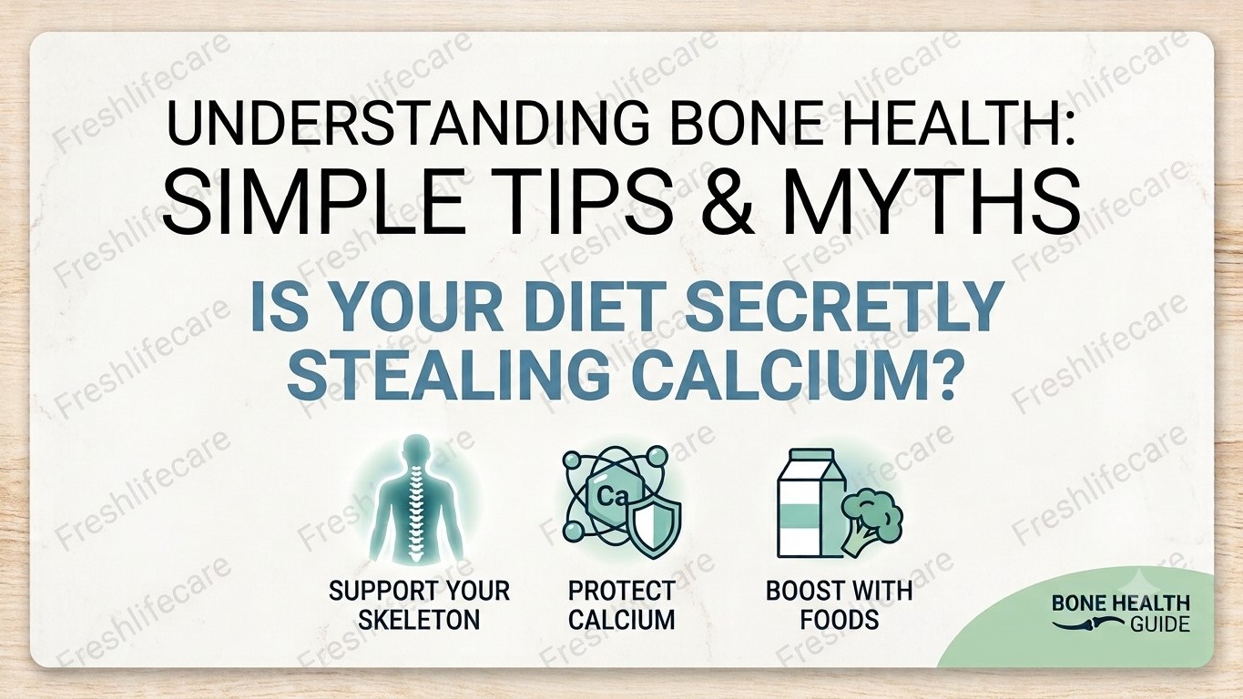 A health banner on bone health featuring the title "Understanding Bone Health: Simple Tips & Myths" and the question "Is your diet secretly stealing calcium?" alongside icons for spine support, calcium protection, and healthy foods, watermarked with "Freshlifecare" across the background.