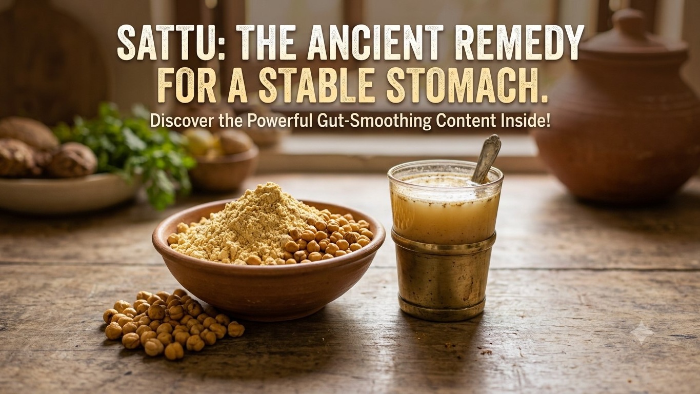 A glass of prepared sattu drink next to a bowl of roasted chana and sattu powder, with lemons, black salt, fresh coriander, and a handwritten recipe note on a rustic wooden table.