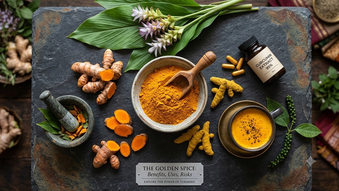 An overhead flat-lay view on a dark slate background featuring a bowl of golden turmeric powder with a wooden scoop, sliced raw turmeric roots, green peppercorns, a cup of golden milk topped with black pepper, curcumin capsules, and fresh turmeric flowers