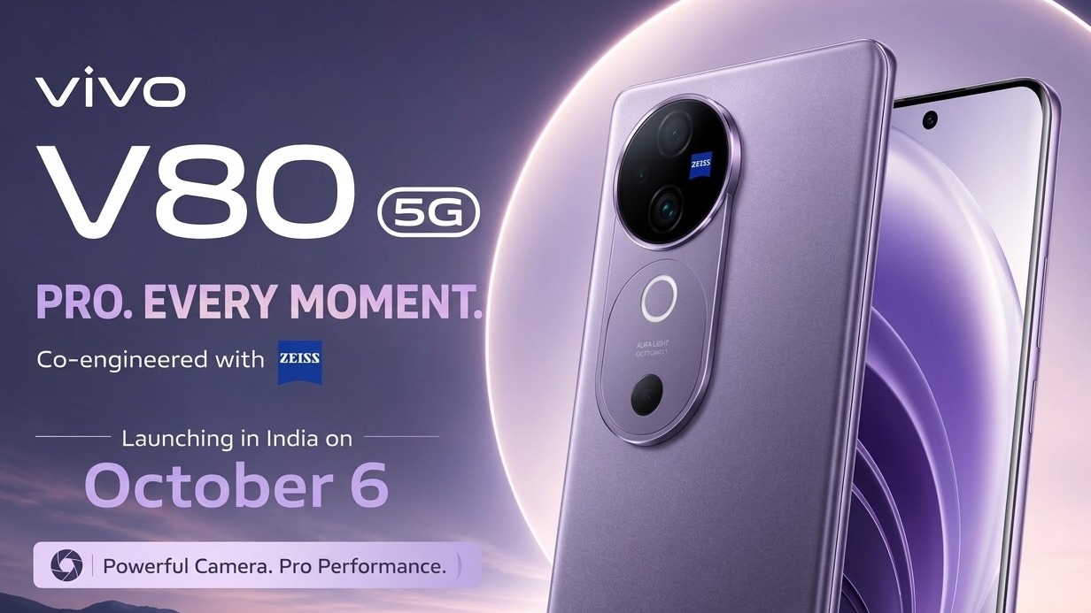 Vivo V80 5G smartphone launching in India on October 6, featuring a powerful ZEISS camera and premium purple design