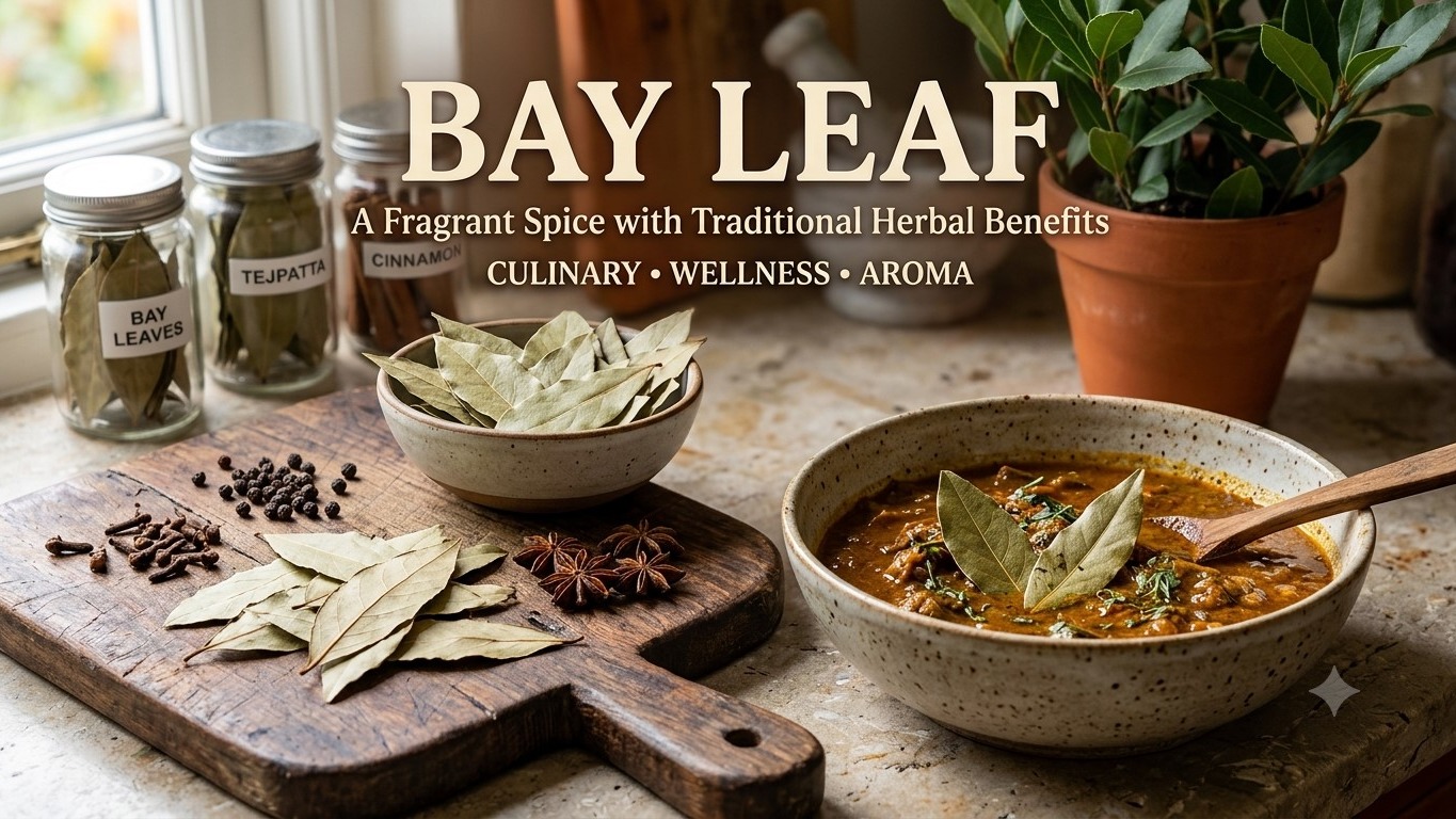 Organic dried bay leaf (Tejpatta) whole spices and culinary dish background for natural wellness and cooking.
