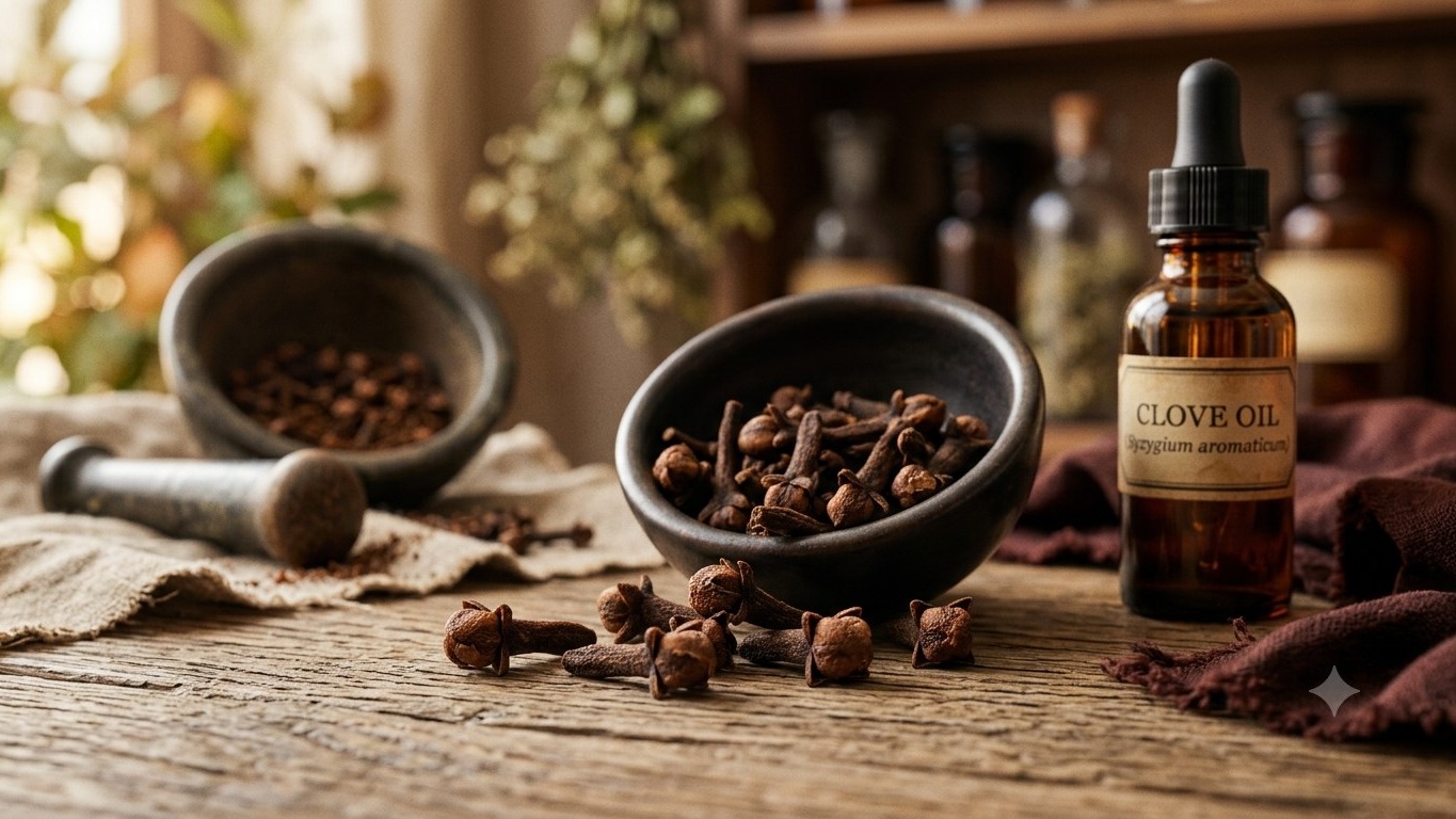A close-up, rustic view of whole dried cloves scattered on a dark wooden surface, alongside a ceramic bowl filled with cloves, a stone mortar and pestle, and an amber glass dropper bottle labeled "Clove Oil"