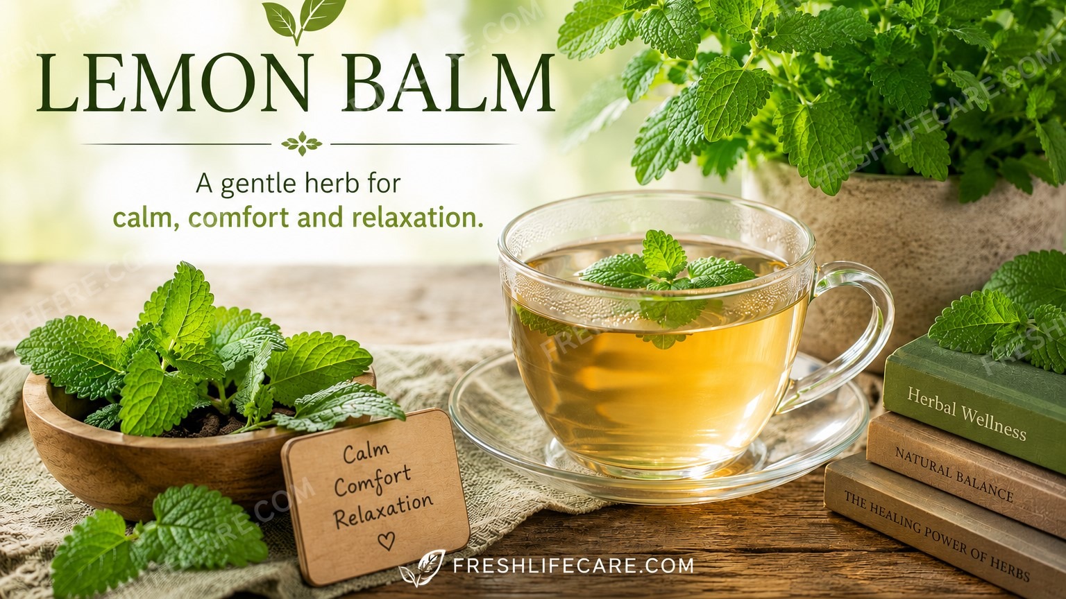 Lemon balm leaves with a cup of lemon balm herbal tea, highlighting the herb’s calming, comforting, and relaxing qualities.