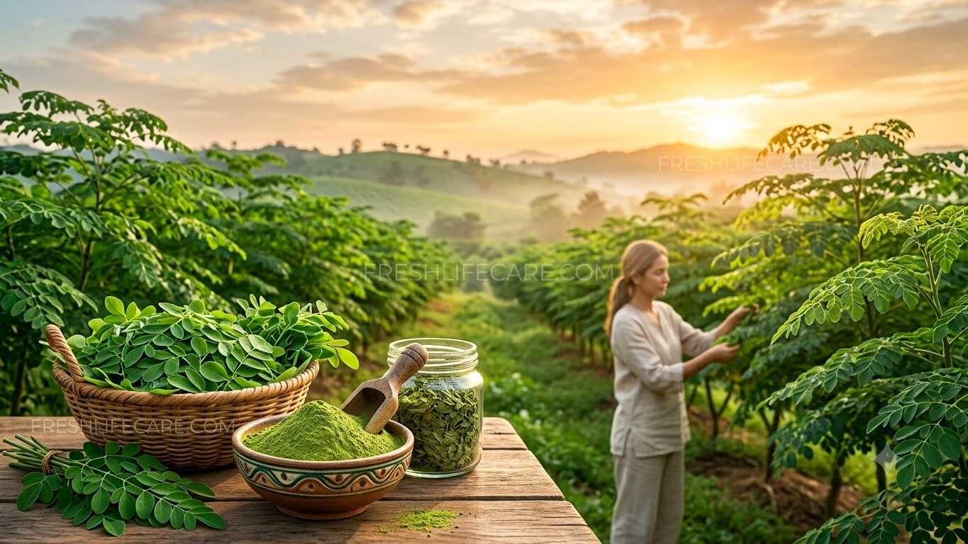 A rustic wooden table displaying fresh moringa leaves in a woven basket, vibrant green moringa powder in a ceramic bowl, and dried leaves in a glass jar, set against a sunlit moringa farm with the watermark freshlifecare.com