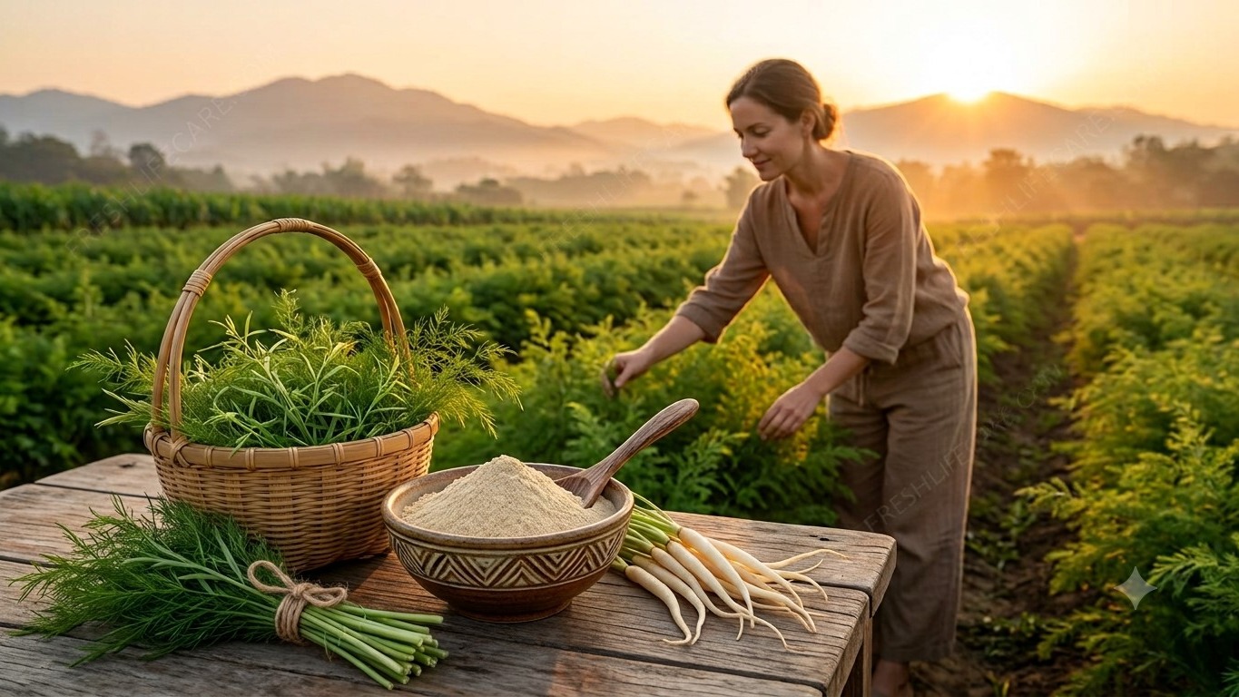 fresh shatavari roots, green leafy sprigs, and fine beige powder in a ceramic bowl, set against a sunrise herb farm with the watermark freshlifecare.com