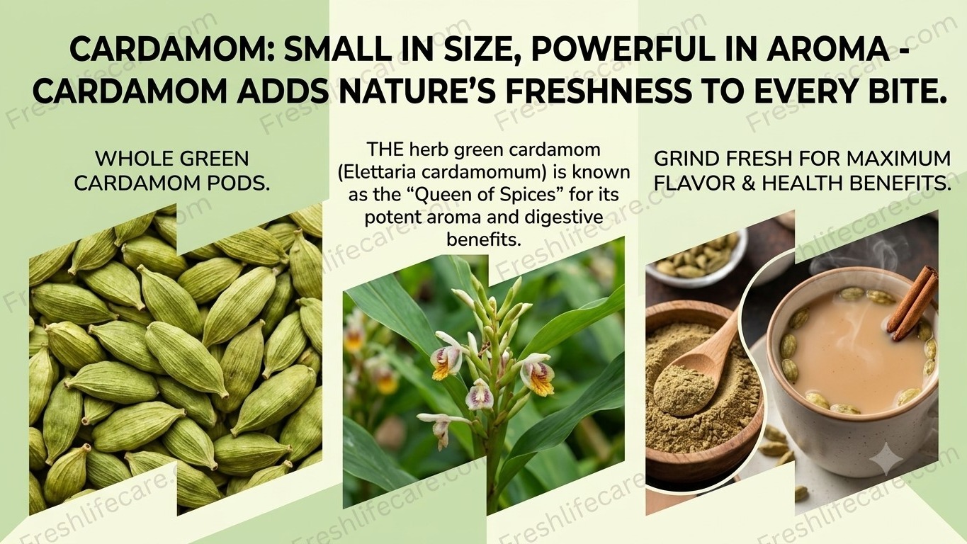 Bold black text at the top: "CARDAMOM: SMALL IN SIZE, POWERFUL IN AROMA - CARDAMOM ADDS NATURE’S FRESHNESS TO EVERY BITE