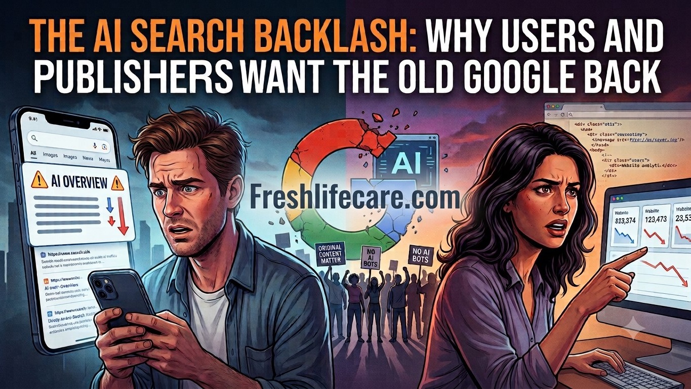 "THE AI SEARCH BACKLASH: WHY USERS AND PUBLISHERS WANT THE OLD GOOGLE BACK". It shows a user dismayed by an 'AI OVERVIEW' box on a phone screen alongside a publisher pointing at declining traffic graphs on a monitor. In the center, a fractured Google logo sits above protest signs against AI bots.