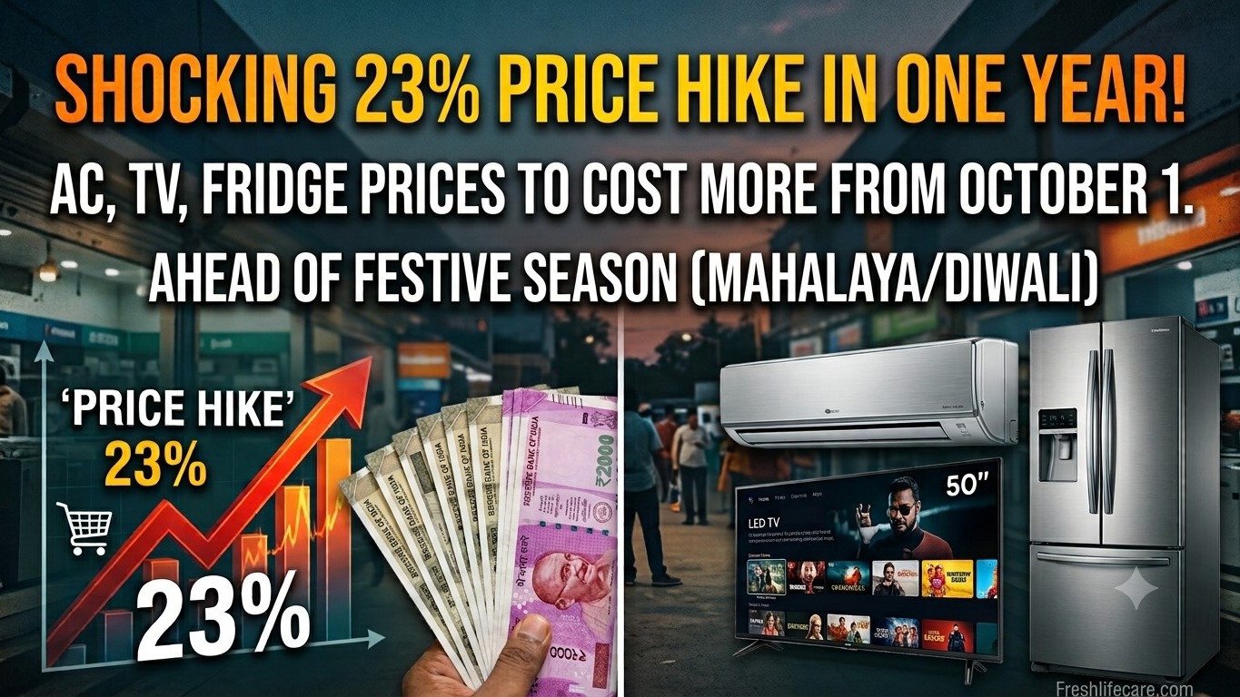 "23% Price Hike". On the right, modern household electronics including a split air conditioner, an LED TV, and a stainless steel refrigerator are displayed. Bold headline text at the top reads "SHOCKING 23% PRICE HIKE IN ONE YEAR! AC, TV, FRIDGE PRICES TO COST MORE FROM OCTOBER 1"