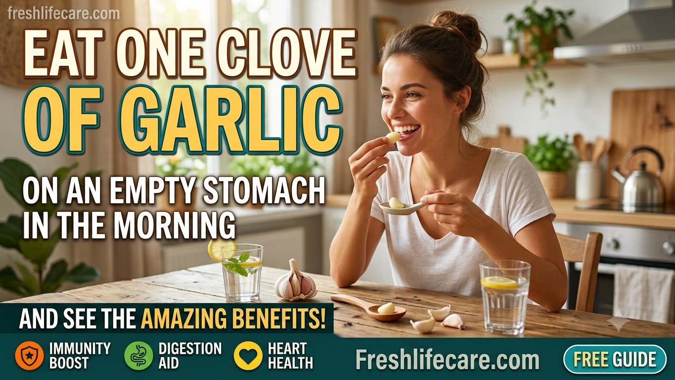 A bright, health-focused cover photo featuring a smiling woman at a wooden kitchen table, eating a raw garlic clove with a glass of lemon water nearby. Large, bold text reads "EAT ONE CLOVE OF GARLIC ON AN EMPTY STOMACH IN THE MORNING AND SEE THE AMAZING BENEFITS!"