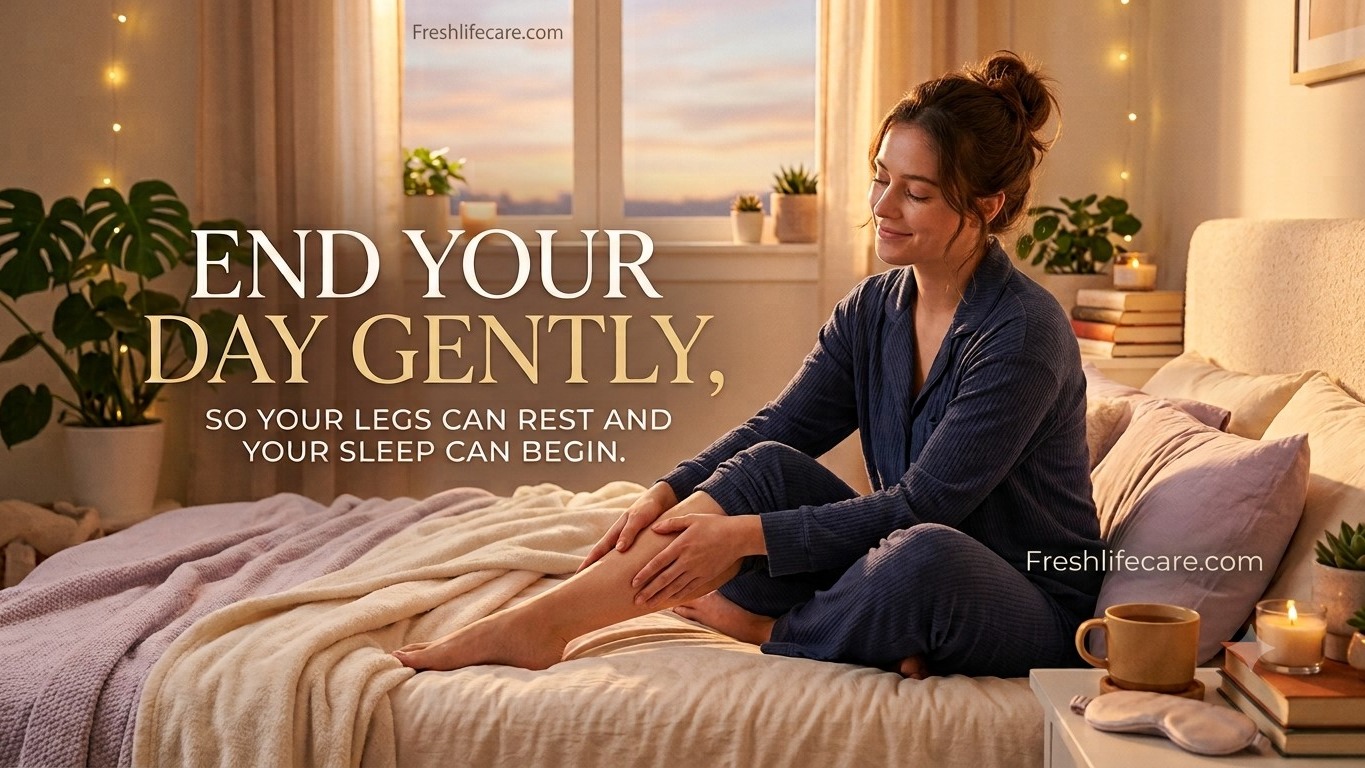 A relaxed woman in pajamas sits on a cozy bed at sunset, gently touching her leg. Text overlay reads: "END YOUR DAY GENTLY, SO YOUR LEGS CAN REST AND YOUR SLEEP CAN BEGIN." and "Freshlifecare.com".