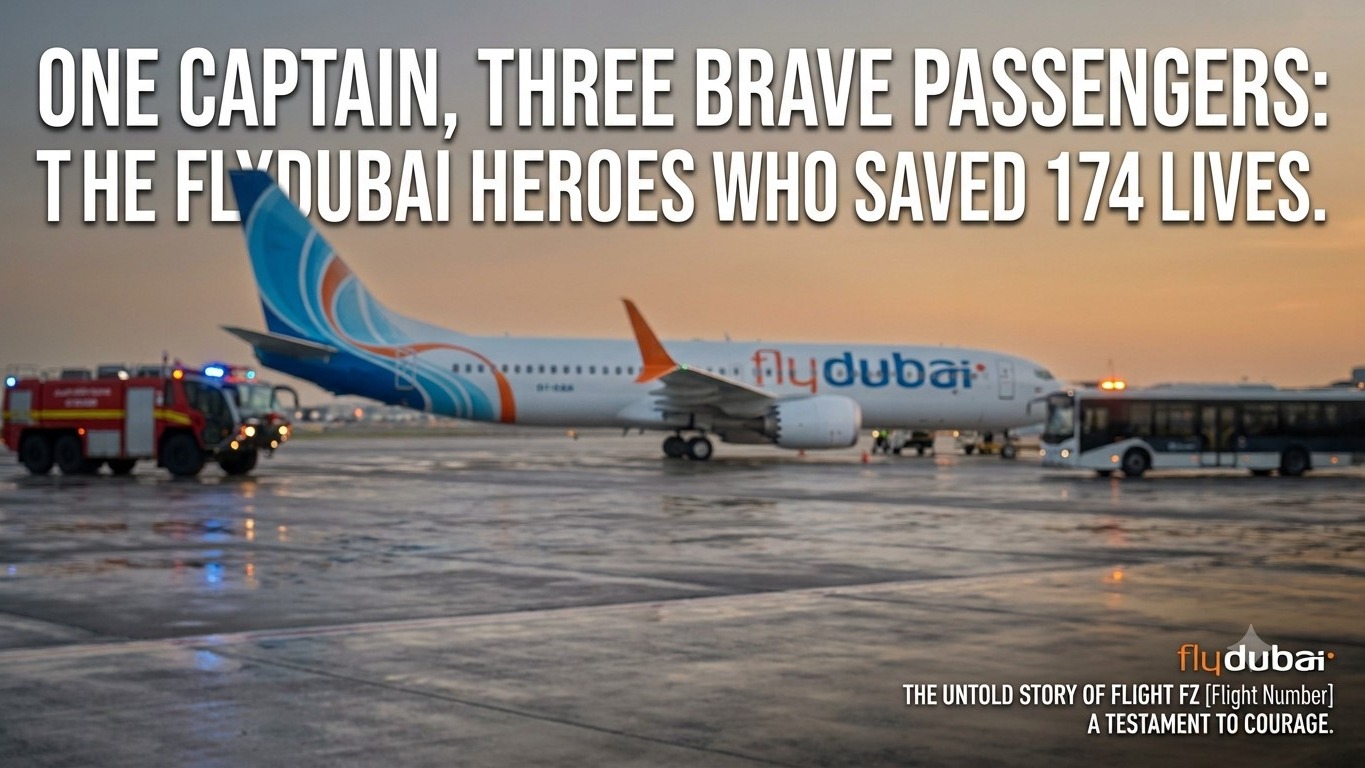 A Flydubai tribute graphic with a Boeing 737, fire truck, and text: 'ONE CAPTAIN, THREE BRAVE PASSENGERS: THE FLYDUBAI HEROES WHO SAVED 174 LIVES.'