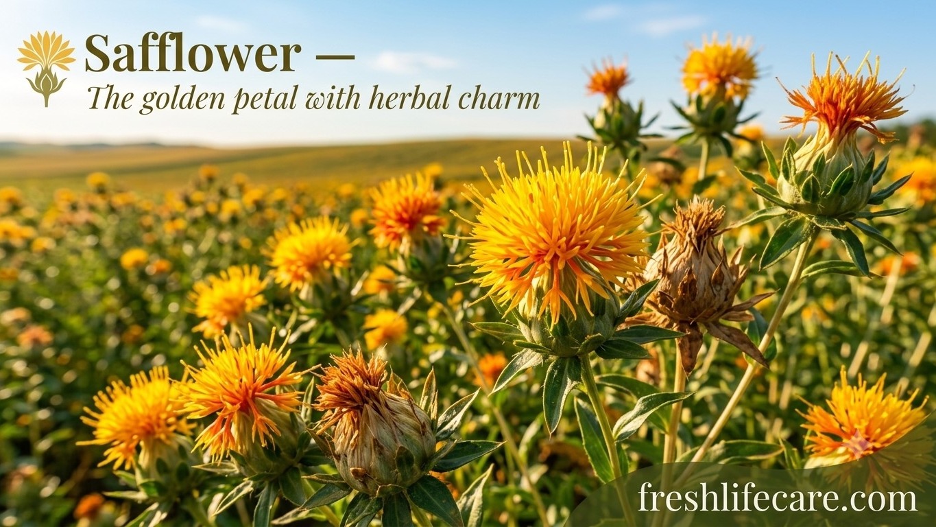 Vibrant golden-yellow and orange safflower blossoms in a sunlit field, featuring the text "Safflower — The golden petal with herbal charm" and the watermark freshlifecare.com