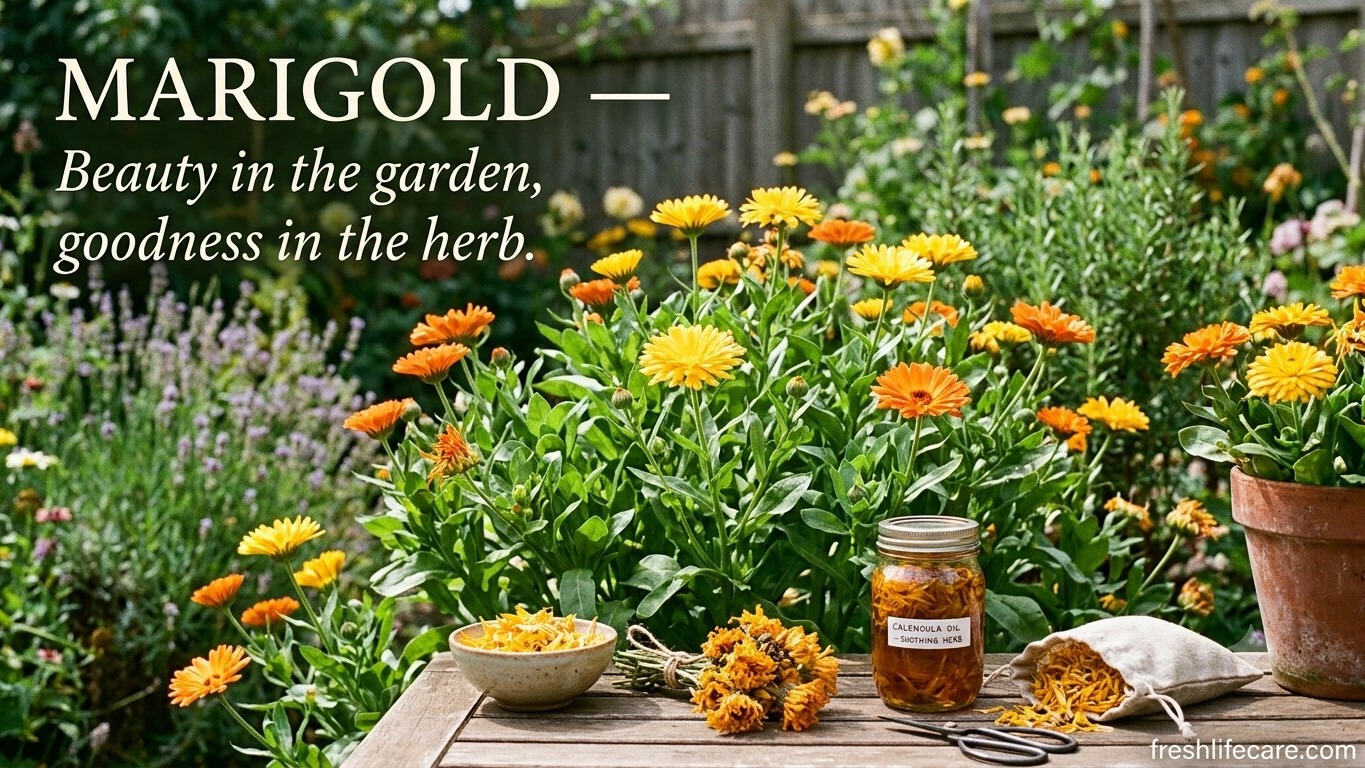 Bright yellow and orange marigolds in a lush garden with infused oil, dried petals, and the website watermark freshlifecare.com