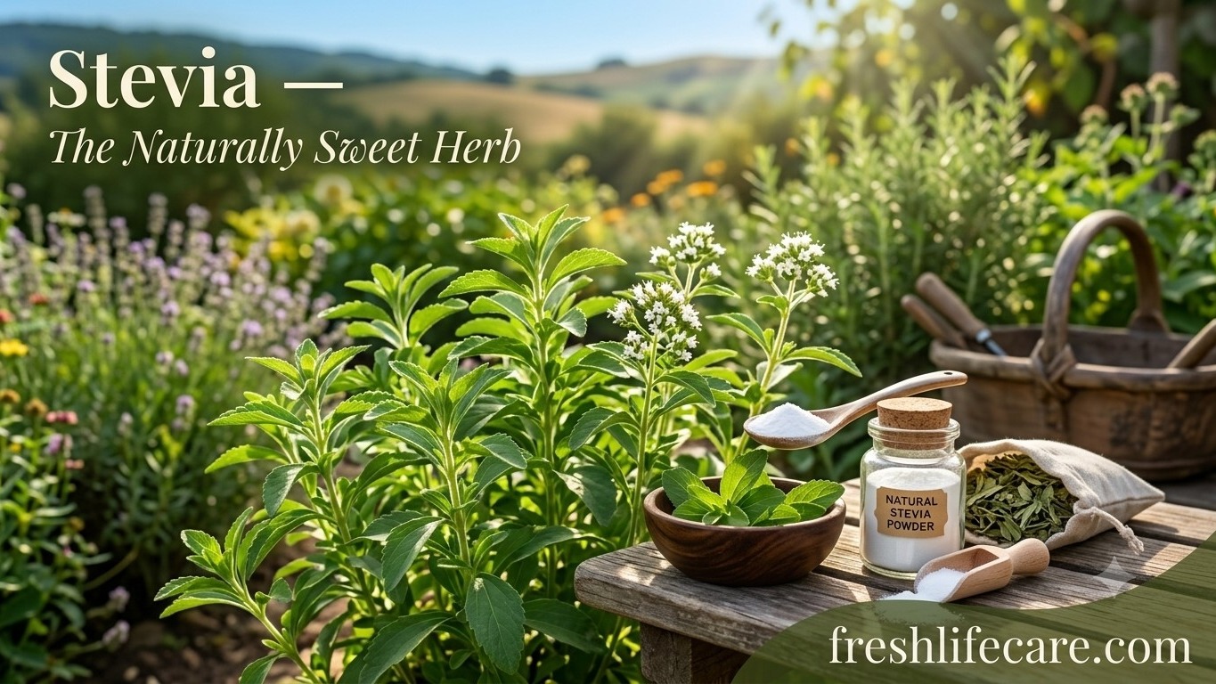 A sunlit photograph of a vibrant garden featuring flowering Stevia plants, a wooden spoon with a mound of stevia powder, and a glass jar labeled "Natural Stevia Powder" on a table, with text overlay reading "Stevia - The Naturally Sweet Herb" and a watermark "freshlifecare.com"