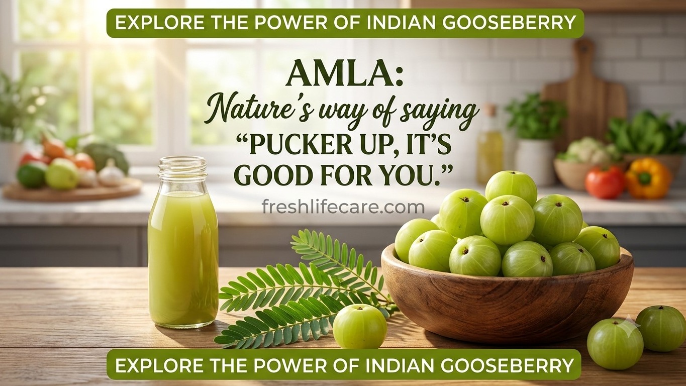 A bowl of fresh green amla (Indian gooseberries) alongside a glass bottle of fresh amla juice on a wooden table set in a bright kitchen. Overlay text reads: "AMLA: Nature's way of saying 'PUCKER UP, IT'S GOOD FOR YOU.'" with a subtle watermark for "freshlifecare.com" centered in the middle