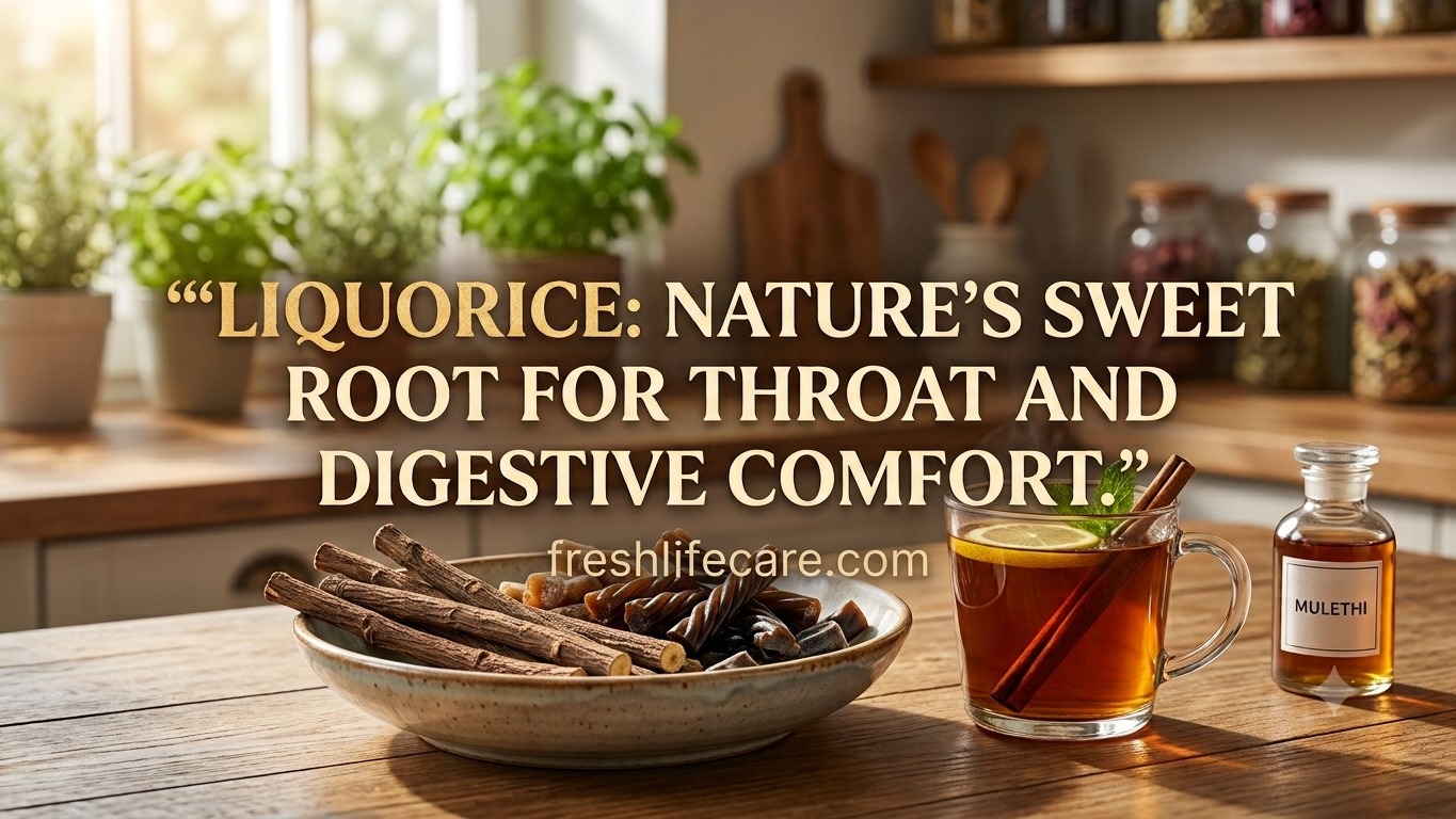 A steaming ceramic cup of herbal tea placed on a wooden kitchen counter next to a bundle of licorice roots bound with twine and sliced licorice pieces. The overlay text reads: "Liquorice: nature's sweet root for throat and digestive comfort" with a "freshlifecare.com"