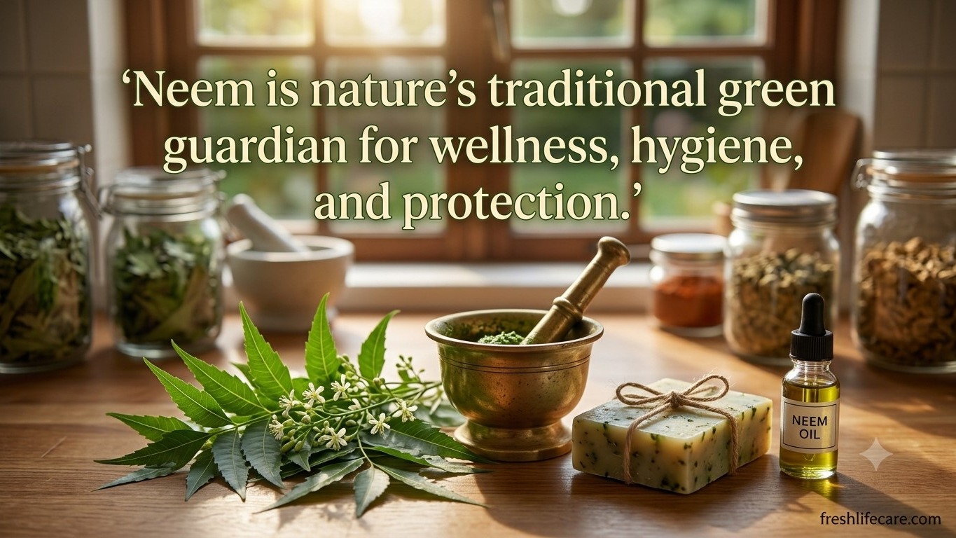 A sun-drenched photograph on a rustic wooden counter, featuring fresh green Neem leaves, small white Neem flowers, a traditional brass mortar and pestle with Neem paste, a handmade bar of Neem soap, and a glass bottle labeled 'NEEM OIL'