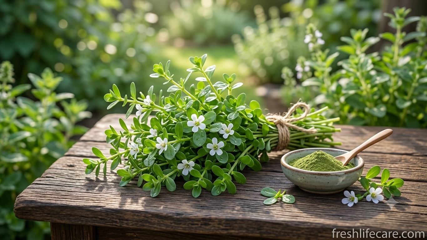 Fresh Brahmi (Bacopa monnieri) with herbal powder—a classic Ayurvedic Medhya Rasayana for cognitive health.