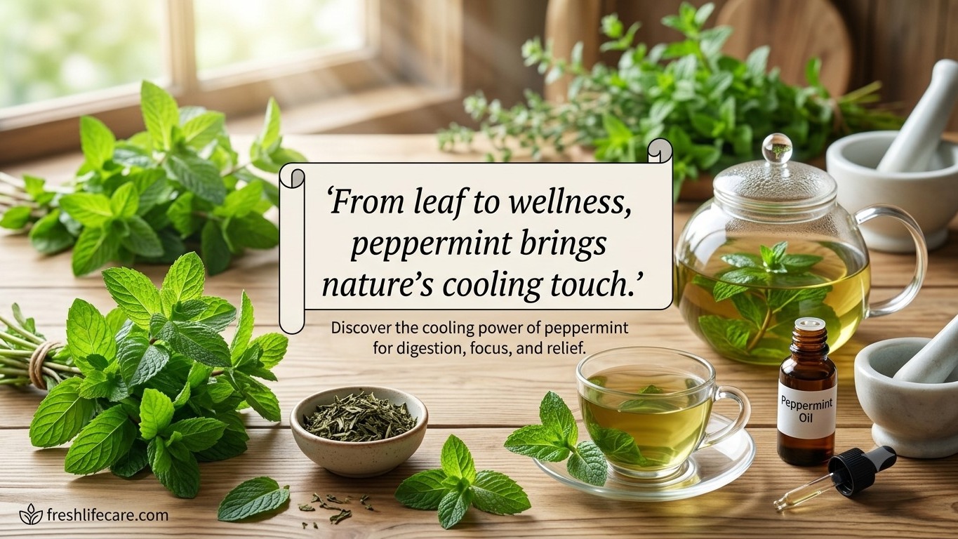 Fresh peppermint leaves, herbal tea, and essential oil on a wooden table with text "From leaf to wellness, peppermint brings nature’s cooling touch" and freshlifecare.com watermark