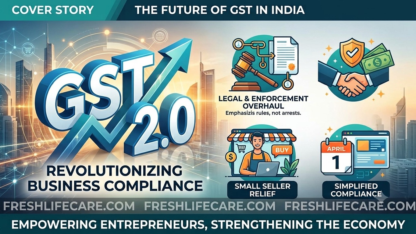 GST 2.0 cover photo highlighting legal overhaul, small seller relief, and simplified tax compliance for freshlifecare.com.