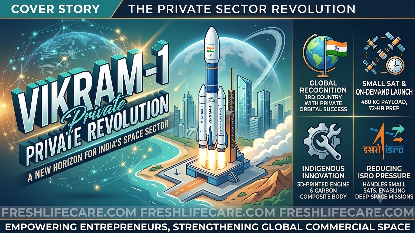 "Infographic cover image of Vikram-1 rocket launch highlighting India's private space revolution, key technical specs, and freshlifecare.com watermark."