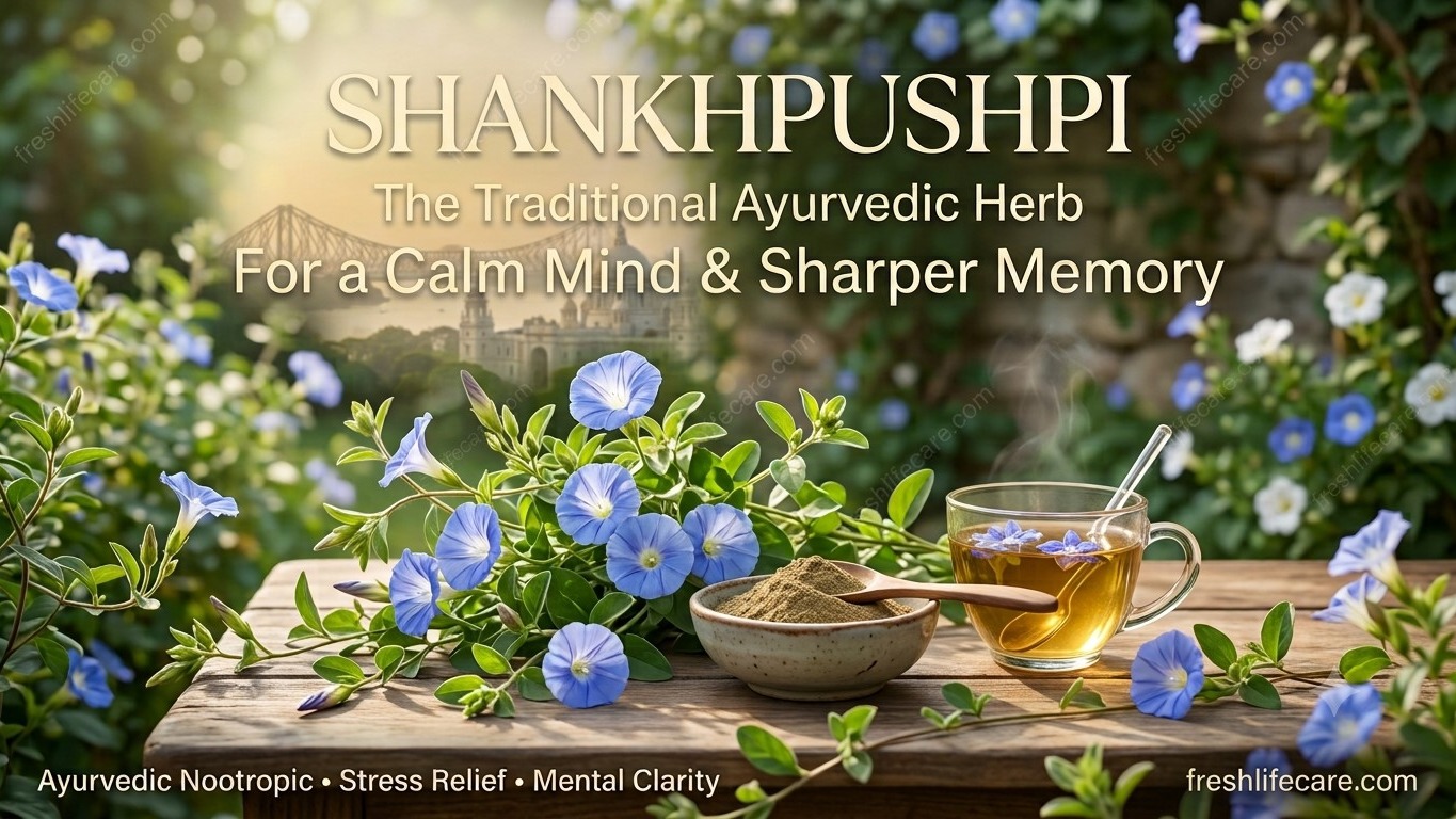 Shankhpushpi Ayurvedic herb powder, tea, and blue flowers for memory and focus