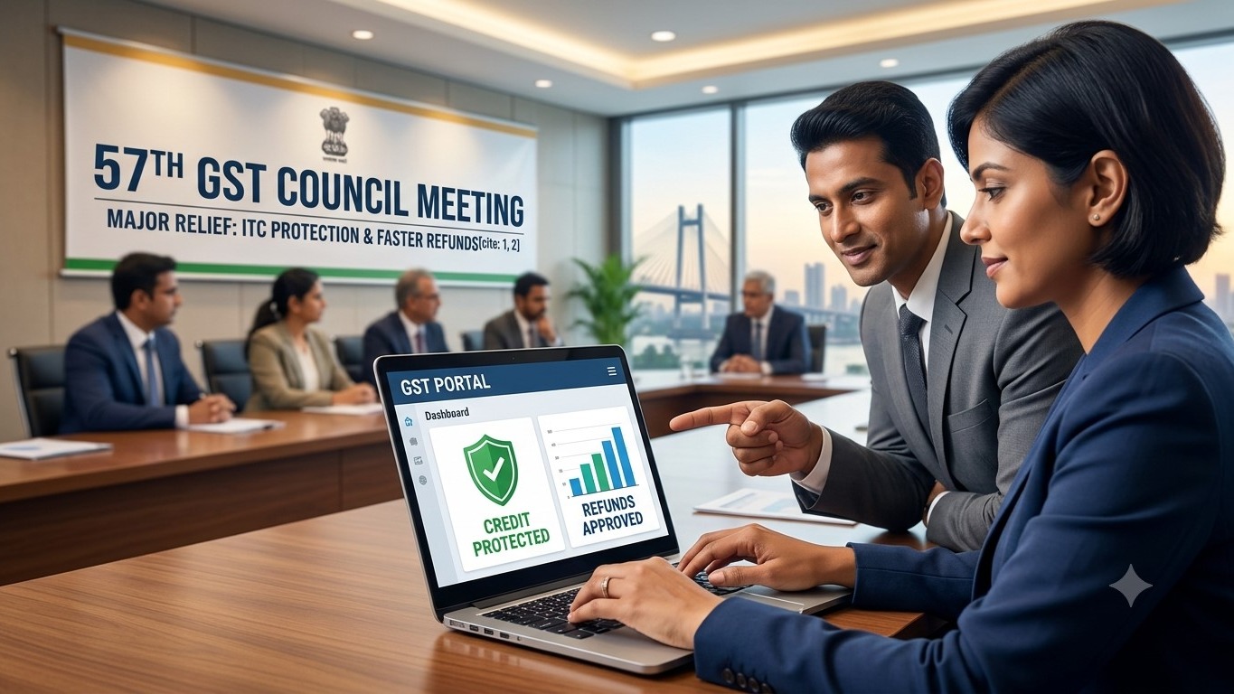 Two professionals reviewing GST portal updates on a laptop, with a background banner reading "57th GST Council Meeting" and text indicating credit protection and refunds.