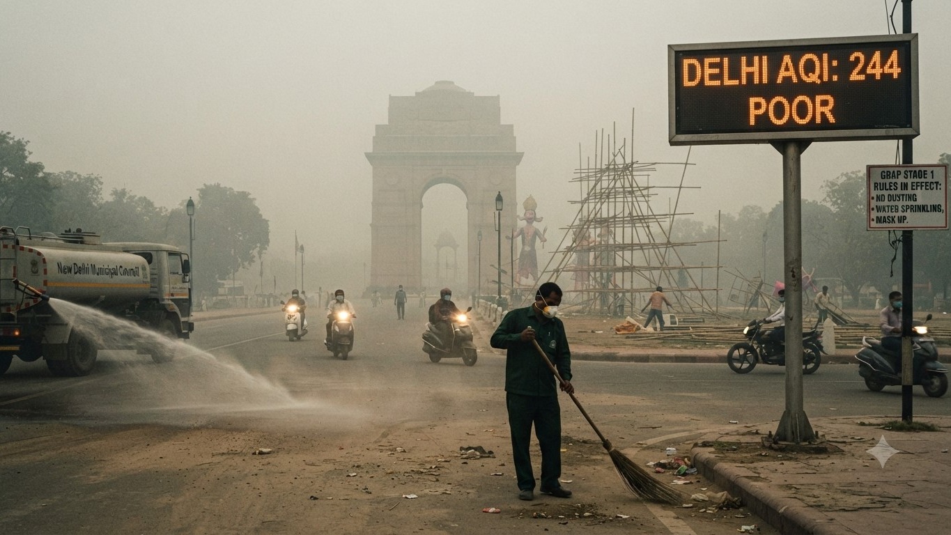 A hazy, smog-filled street in New Delhi showing municipal workers sweeping roads and spraying water to suppress dust, with an AQI display board showing 244 'Poor' and India Gate blurred in the background.